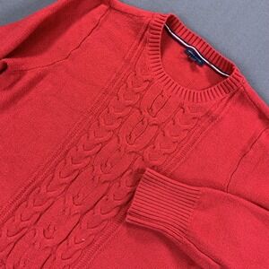 Tommy Hilfiger Sweater Dress Womens XL Red Cable Knit Crewneck Stripe Trim Logo